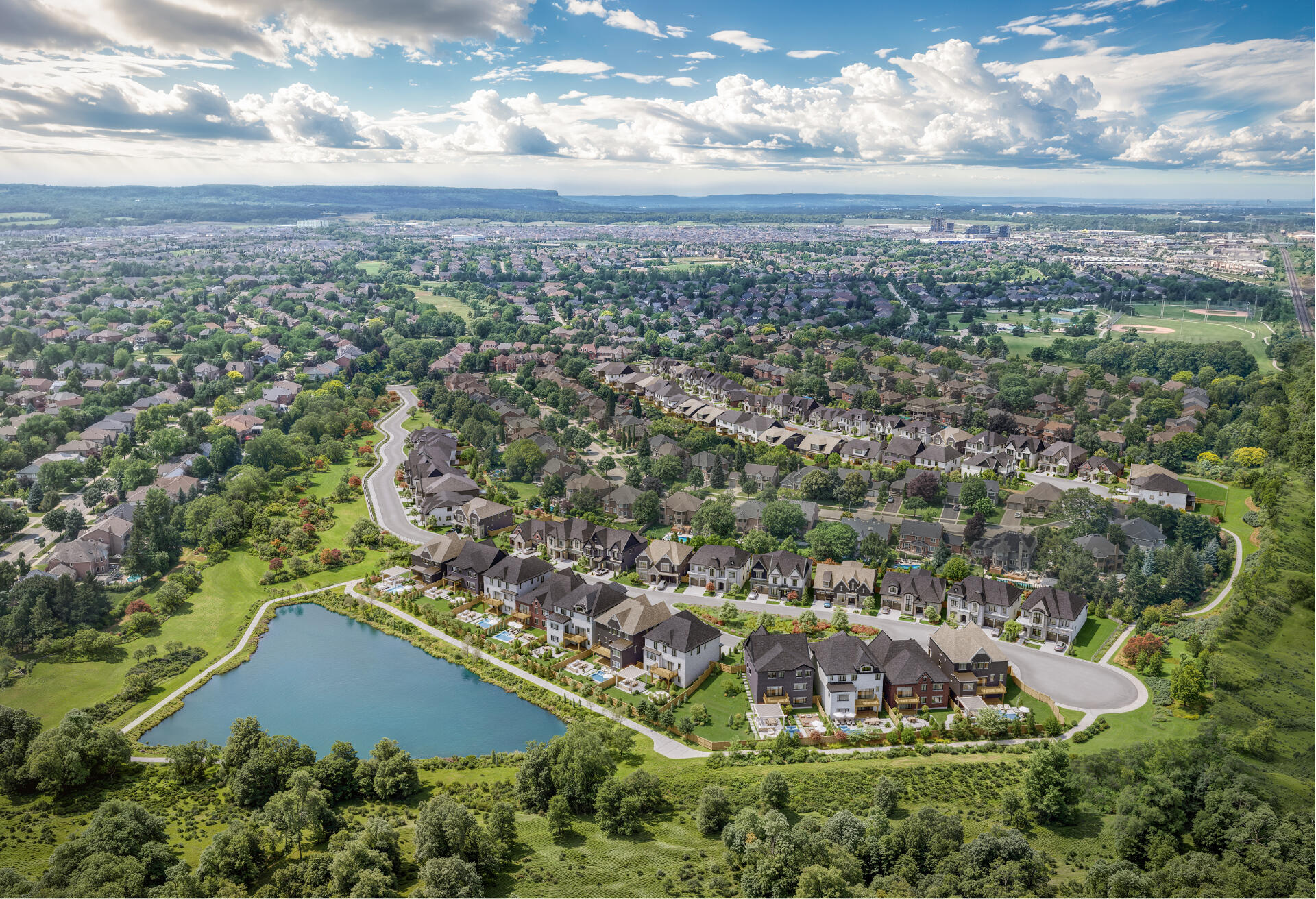 Aerial rendering of The Legacy estate homes in Millcroft Burlington surrounded by mature trees, pond views and green space Aerial rendering of The Legacy estate homes in Millcroft Burlington surrounded by mature trees, pond views and green space